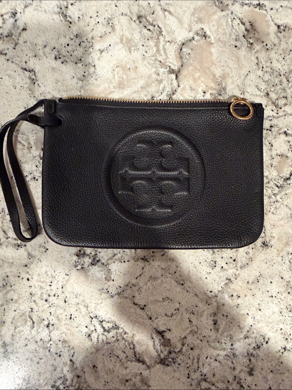 Tory Burch Black Leather Wristlet with Embossed Logo